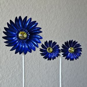 Vintage Blue Enamel Watermelon Rivoli Center Flower Brooch & Clipon Earrings